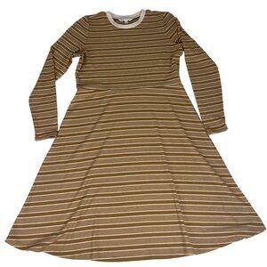 Downeast Striped Ribbed Flare Midi Dress Women's L Cinnamon Stretch Long Sleeve